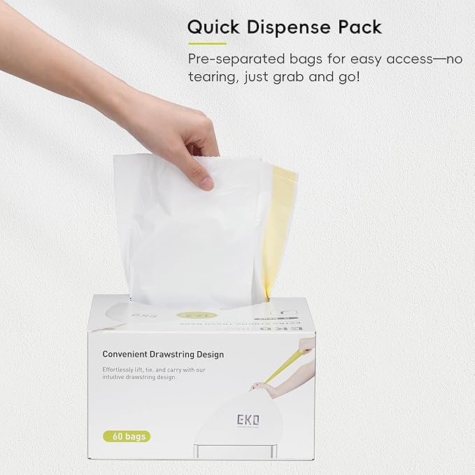 EKO 12.9 Gallon / 45-49 Liter, 60 Count Drawstring Trash Bags, Extra-Strong Unscented Garbage Bags, Easy-Dispense Roll for Kitchen & Household Use, Resists Tears, Leaks and Punctures, Code J, White