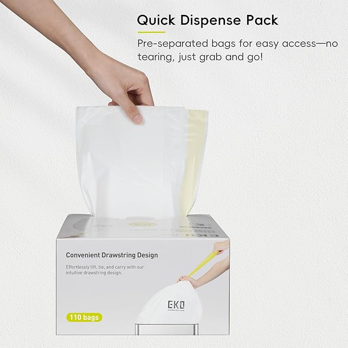 EKO 12.5 Gallon / 40-60 Liter, 110 Count Drawstring Trash Bags, Extra-Strong Garbage Bags, Unscented, Leak-Resistant, Easy-Dispense Roll for Kitchen & Household Use, Code Z, White