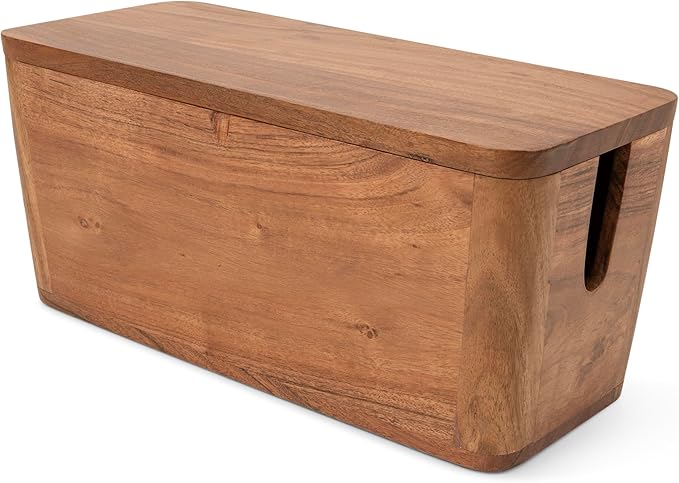 Extra Large Cable Management Box - Acacia Wood - Cable Organizer Box and Power Strip Box for Electrical Cord Management - Hide Desk Cord and Floor Cables - Wire Storage and Organization for Cords