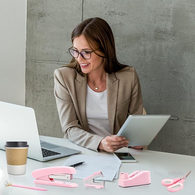 Pink Office Supplies, Pink Desk Accessories, Stapler, Staple Remover, Tape Holder, Pen Holder, Ballpoint Pen, Scissor, Binder Clips, 1000pcs Staples, Phone Holder, Ruler, Transparent Glue and Notes