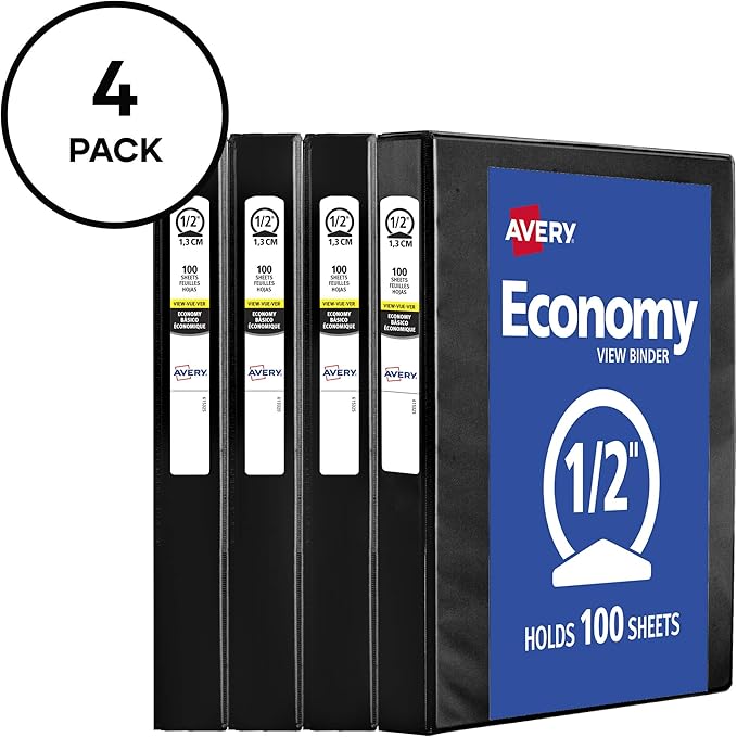 Avery Economy View 3 Ring Binders, 0.5" Round Rings, 100-Sheet Capacity, Black, 4 Pack (17701)