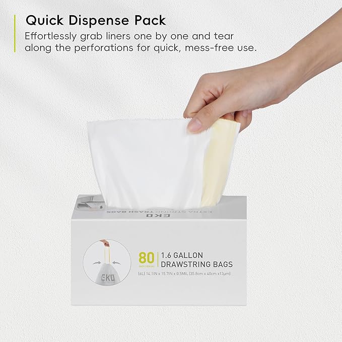 EKO 1.6 Gallon / 3-6 Liter, 80 Count Small Drawstring Trash Bags, Extra-Strong Unscented Garbage Bags, Easy-Dispense Roll for Kitchen & Household Use, Resists Tears, Leaks and Punctures, Code A, White