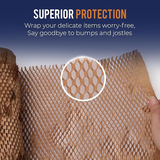 Honeycomb Packing Paper 15" x 500ft with Rope & 20 Fragile Stickers|Shipping & Moving Supplies|Small Business Packaging Supplies|Eco Friendly Bubble Wrap Packing Boxes for Moving Certified FSC C204227
