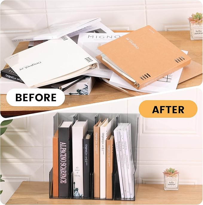 Vertical File Holder, PET Desk Organizer and Storage Bins Holding for Magazines, Binders, Notebooks, Envelopes, Papers, Multi-purpose Plastic Document Organizer for Home Office, Black, 4 Pack