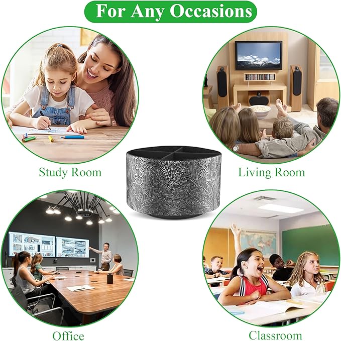 lizimandu Round Leather Art Supply Organizer,Remote Control Holder,360 Degree Spinning,Multi-Functional Pencil Holder,4 Compartments Desktop Stationary Organizer(1-Grey)