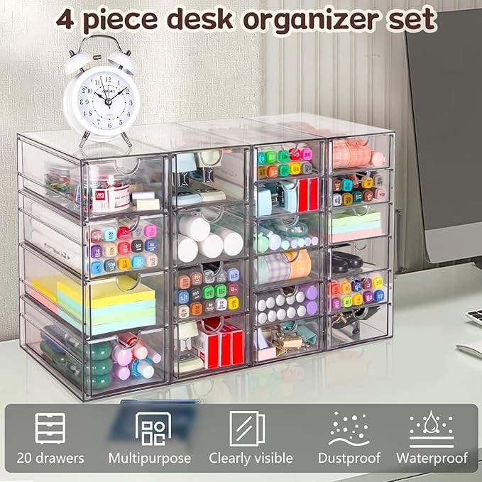 Acrylic Organizer with Drawers | 20 Drawers 4 Sets | Desk Organizer and Storage, Clear Makeup Organization, For Office/Art Supply/Craft Storage and Organization
