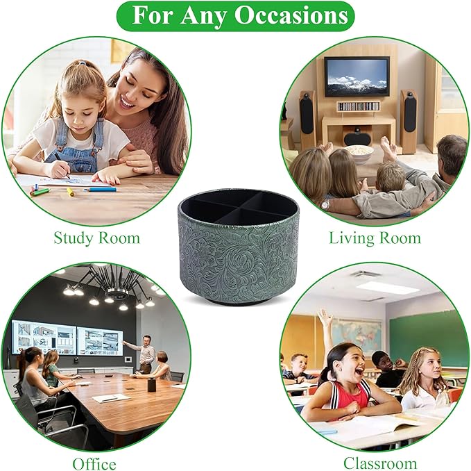 lizimandu Round Leather Art Supply Organizer,Remote Control Holder,360 Degree Spinning,Multi-Functional Pencil Holder,4 Compartments Desktop Stationary Organizer(1-Carved Metal Green1)