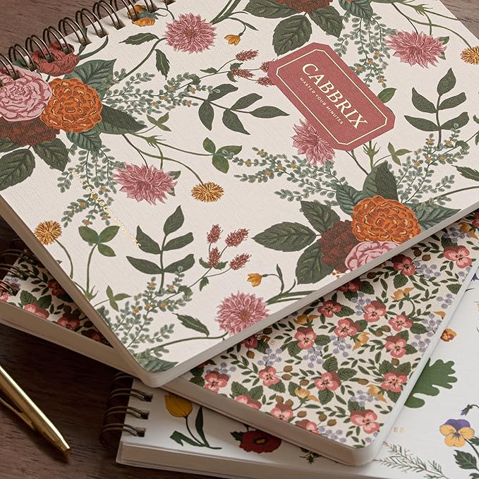 Cabbrix Spiral Notebook, 160 Ruled Pages 8.5" x 6.25" Journal, Inner Storage Pocket Folders with Customized Sticky Notes, Double-Spiral Binding, Cloth Patterned Special Paper Front & Back Cover (Marigold)