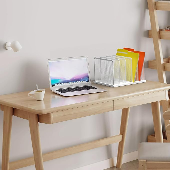 Kuntine.B Desk File Organizer Upright Mesh Desktop Organizer File Sorter Office Organization File Holder for Home, Office & Classroom (White, 1 Pack 5-Section)