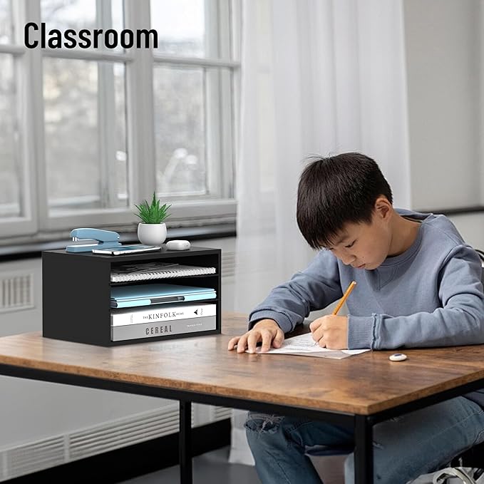 Wood Desk Organizer, 3 Tier Paper Tray Organizer for Desk with Adjustable Storage Shelves, Desktop File Organization Paper Sorter Mail Holder for Office Home Classroom, Black