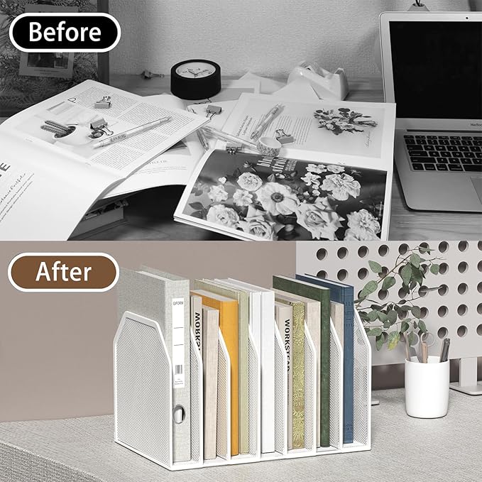 Metal 7 Section File Folder Organizer for Desk | Vertical Office File Holder | Heavy-Duty Mesh Document Sorter for Books, Binders, Laptops | Desk Organizer,7 Sections White