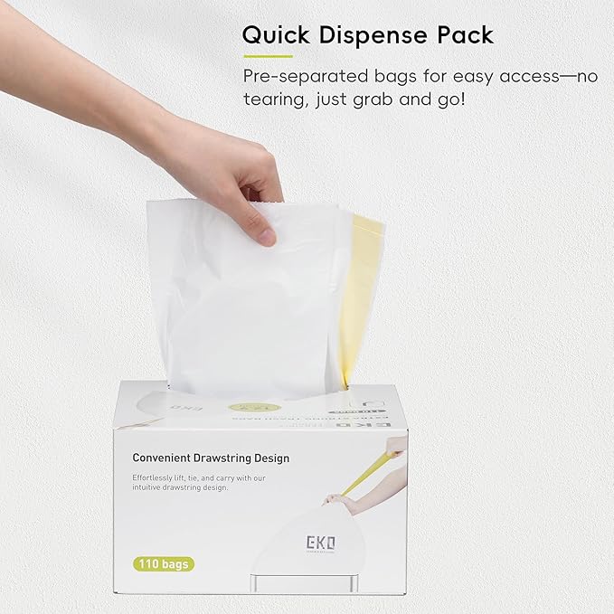 EKO 12.9 Gallon / 45-49 Liter, 110 Count Drawstring Trash Bags, Extra-Strong Unscented Garbage Bags, Easy-Dispense Roll for Kitchen & Household Use, Resists Tears, Leaks and Punctures, Code J, White