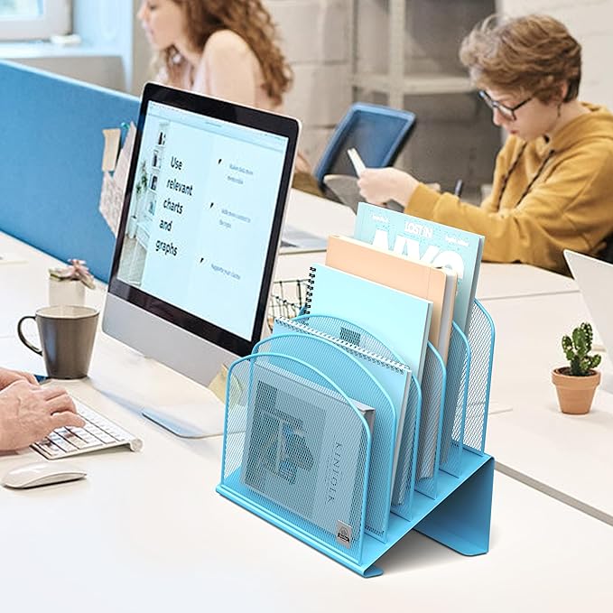2Pack Inclined Desk File Organizer, 5-Section Vertical File Folder Holder Stand Metal Rack File Sorter for Office Classroom Desktop Organization,Blue