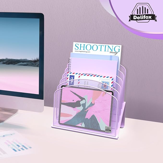 Inclined Desk File Organizer, 5-Section Vertical File Folder Holder Stand Metal Rack File Sorter for Office Classroom Desktop Organization (Purple, 1Pack)