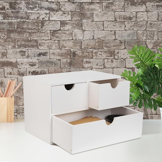 Rustic Distressed white 3-Tier Wood Desk Organizer with 3 Drawers Mini Storage Shelf For Desk, Toiletries Vanity Office Supplies (white)