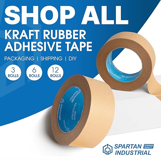 SPARTAN INDUSTRIAL - 2" X 60 yd Kraft Tape with Rubber Adhesive - 12 Rolls of Brown Packing Tape for Moving Boxes and Shipping - 7 Mil