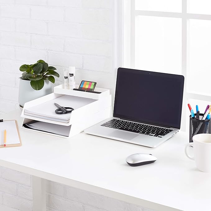 Amazon Basics Rectangular Plastic Desk Organizer, Half Accessory Tray, 9.4" x 3.3" x 1", White