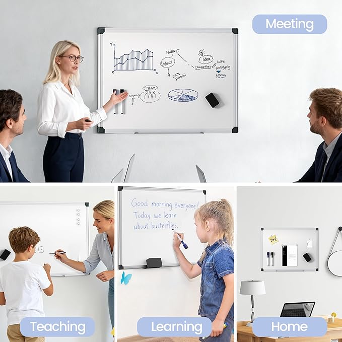 VUSIGN Magnetic White Board 24" x 18" for Wall, Dry Erase Board for Home Office, School, Study Room – Silver Aluminum Frame with 2 Markers, 4 Magnets & Eraser
