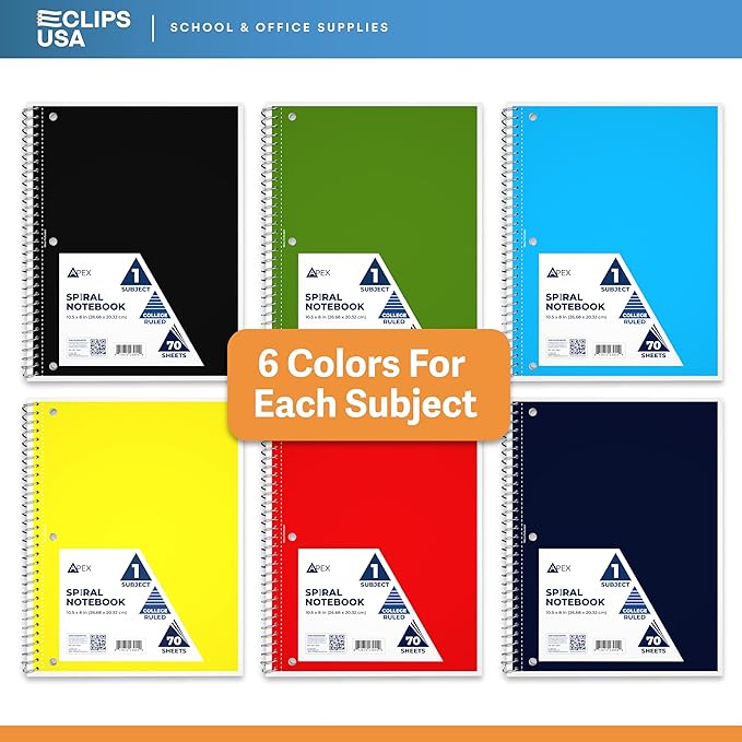 Spiral Notebook, Ruled Notebooks, 70 Sheets, Single Subject, Notebooks Bulk, 6 Color Assortment, 3 Hole Perforated Sheets (48, College Ruled)