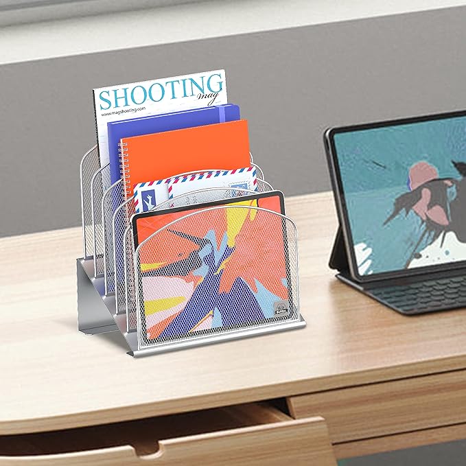 Inclined Desk File Organizer, 5-Section Vertical File Folder Holder Stand Metal Rack File Sorter for Office Classroom Desktop Organization (Silver, 2Pack)