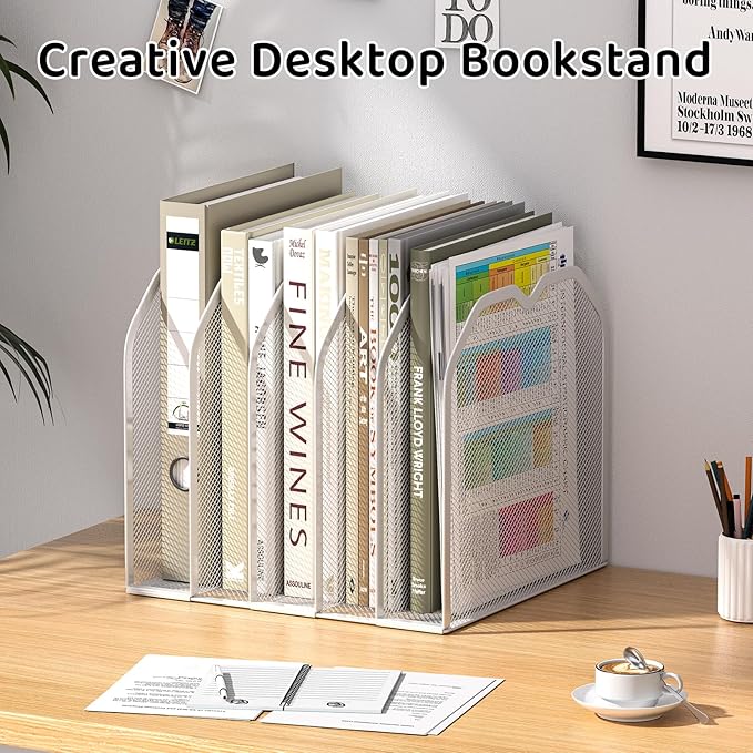 White 5-Section File Folder Organizer for Desk – 8.5"×9.3" Metal Vertical File Holder, Desktop File Organizer Vertical Stand, Letter/A4 Upright File Sorter