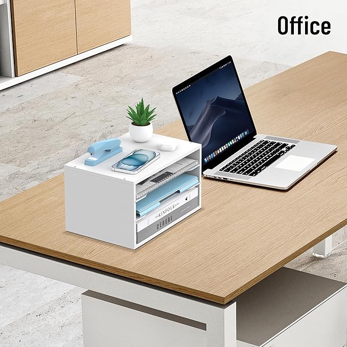 Wood Desk Organizer, 3 Tier Paper Tray Organizer for Desk with Adjustable Storage Shelves, Desktop File Organization Paper Sorter Mail Holder for Office Home Classroom, White