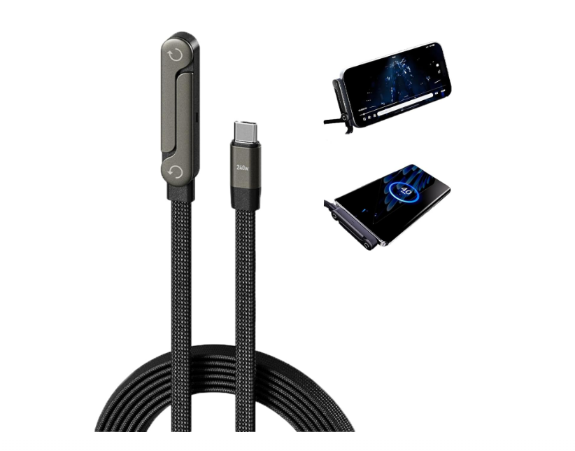 240W fast charging USB-C cable with built-in adjustable phone stand and 90-degree angled connector