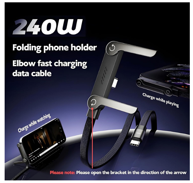 Foldable metal phone stand integrated into charging cable with 360-degree rotation