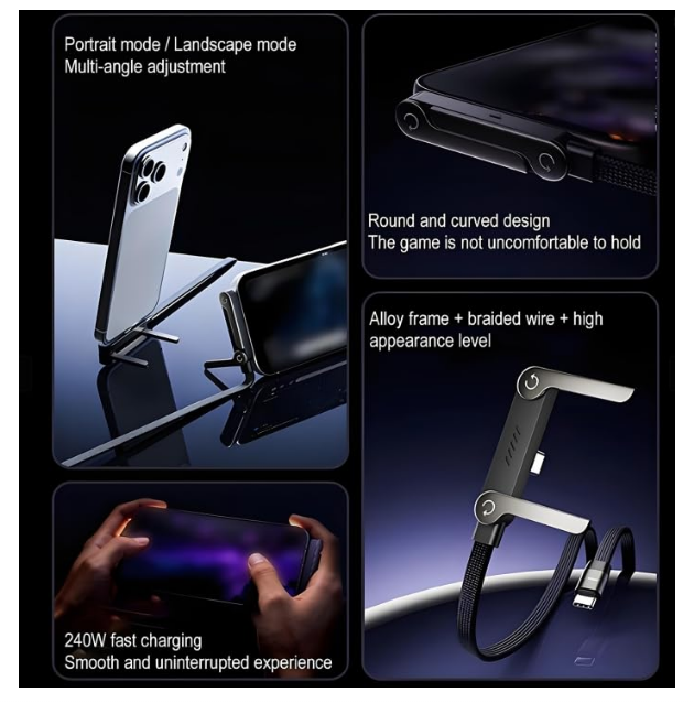 Growalleter 240W Invisible Stand Charging Cable, 2-in-1 Adjustable Phone Holder with 90° Angled USB-C Cord, 5ft Fast Charge Cable for iPhone 15-17, Smartphones, Tablets(1 Pcs)