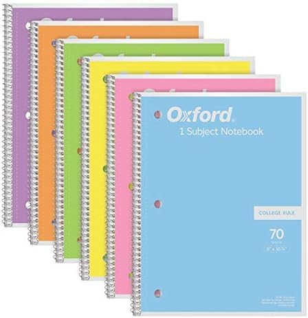 Oxford Spiral Notebook, 1 Subject, College Ruled Paper, 8 x 10-1/2 Inch, Pastel Pink, Orange, Yellow, Green, Blue and Purple, 70 Sheets (63756) Set of 6 (Pack of 8)