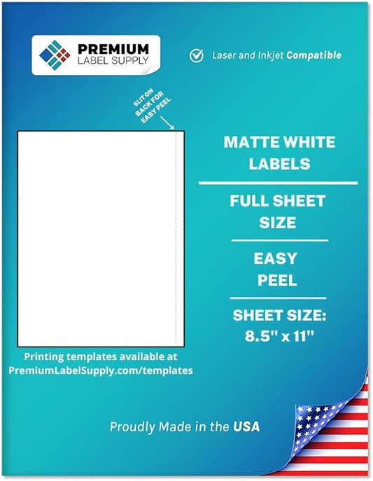 Premium Label Supply White Sticker Full Sheet Shipping Labels – 8.5" x 11" – Laser/Inkjet Compatible – (1 Label/Sheet), 100 Sheets - Letter Size
