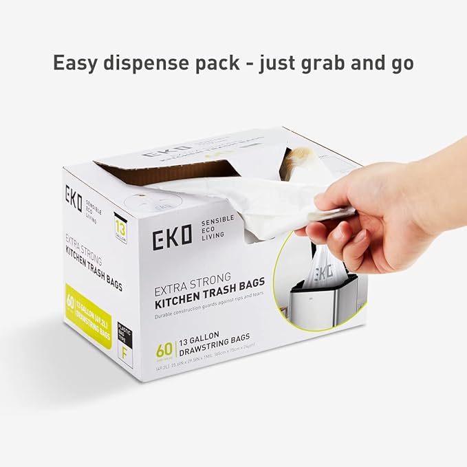 EKO 13 Gallon / 40-60 Liter, 60 Count Drawstring Trash Bags, Extra-Strong Unscented Garbage Bags, Easy-Dispense Roll for Kitchen & Household Use, Leak-Resistant, Code F, White