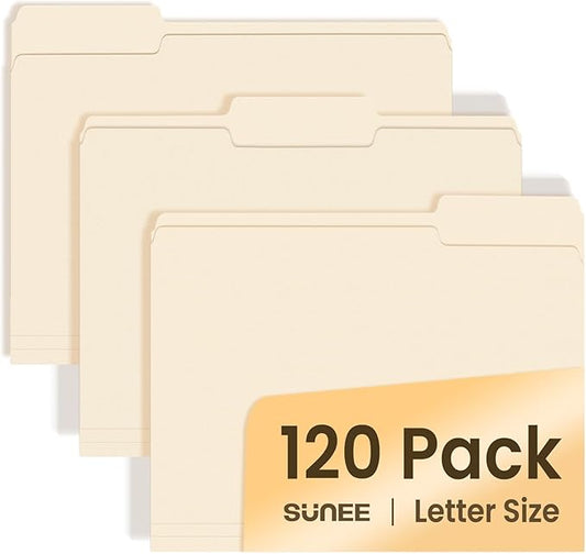 SUNEE File Folders, 120 Pack Manilla Folders 8.5 x 11, 1/3 Cut Tab for Easy Labeling and Organization, Durable Standard Paper for Home, Office, School Filing