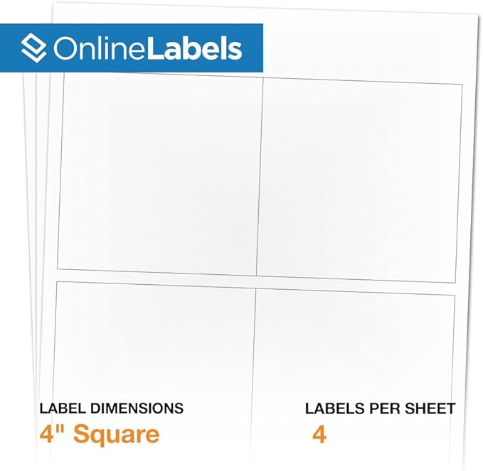 OnlineLabels 4" x 4" Square Labels - Permanent Adhesive, White Matte - Great for Product Labels, Organization, Jars, & More - for Inkjet & Laser Printers – Pack of 8,000 Labels, 2,000 Sheets OL3027WX