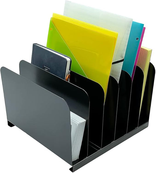Huron Desktop File Binder Organizer Storage Vertical 6 Slot, Black Commercial Grade Steel