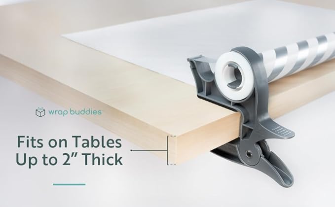 Wrap Buddies Tabletop Gift Wrapping Tool — Wrap Buddies Adjustable Paper Clamps with Tape Dispenser for Wrapping, Crafts, & Holiday Projects — Fits Most Tables & Countertops — Slate Grey, Set of 2