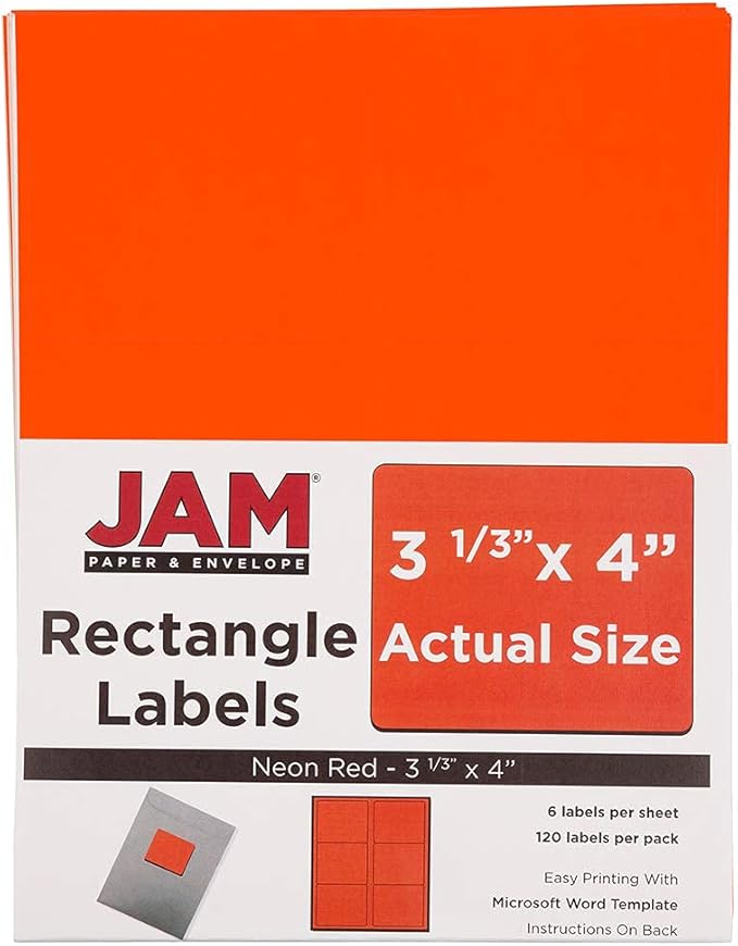 JAM PAPER Shipping Address Labels - Large - 3 1/3 x 4 - Neon Fluorescent Red/Orange - 120/Pack