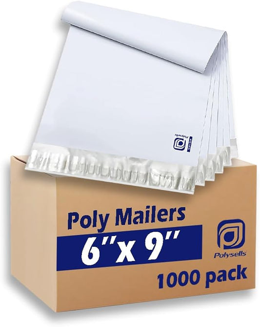 POLYSELLS 1000 pcs 6x9 Inches White x Silver Poly Mailers Shipping Envelopes, Strong Adhesive Sealing, Waterproof, and Tear-resistant Postal Mailing Bags for Clothing, Books, and Accessories