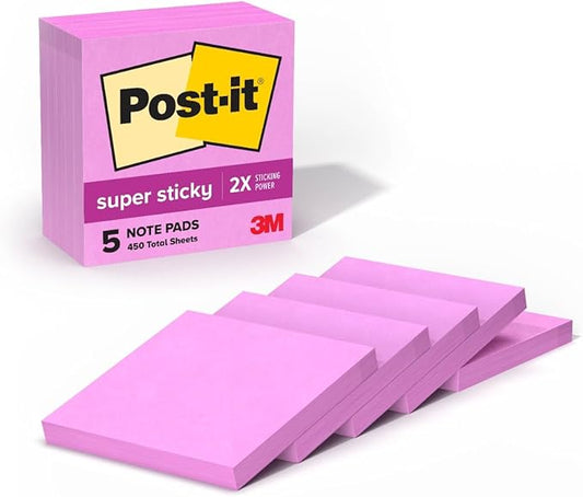 Post-it Super Sticky Notes, 5 Sticky Note Pads, 3 x 3 in., School Supplies, Office Products, Sticky Notes for Vertical Surfaces, Monitors, Walls and Windows, Tropical Pink