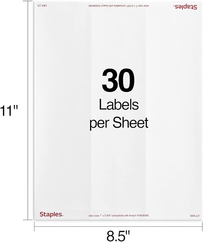 Staples Laser/Inkjet Address Labels, Easy-To-Peel Printable Sticker Paper, 1 x 2-5/8 Inch, 30 Labels Per Sheet, 100-Pack, White
