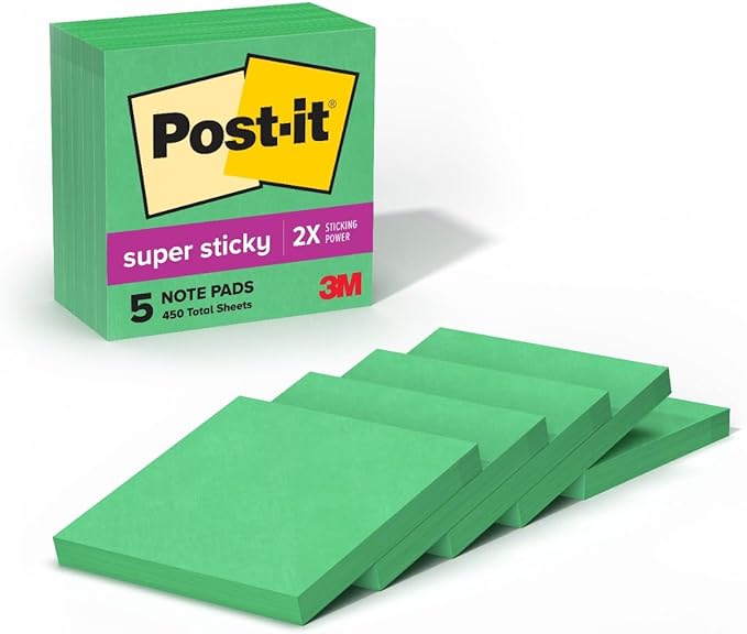 Post-it Super Sticky Notes, 5 Sticky Note Pads, 3 x 3 in., School Supplies, Office Products, Sticky Notes for Vertical Surfaces, Monitors, Walls and Windows, Lucky Green