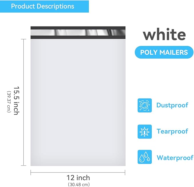 12 x 15.5“ Poly Mailers 300PCS, 1.77 Mil 5 Layer Waterproof Self-Seal Shipping Bags for Clothes,Mailing,Books, Strong Adhesive Large Mailers Poly Bags Shipping Envelopes for Business
