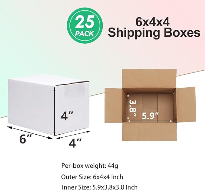 PETAFLOP Cardboard Boxes 6x4x4 Shipping Boxes White Kraft Corrugated Small Mailer Boxes, 25 Pack