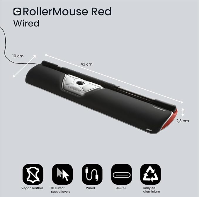 Contour RollerMouse Red Ergonomic Mouse for Shoulder Forearm Wrist Strain Relief for RSI Carpal Tunnel Centered Rollerbar 6 Customizable Buttons 10 Speed Settings Mac/PC Compatible - Wired - Regular