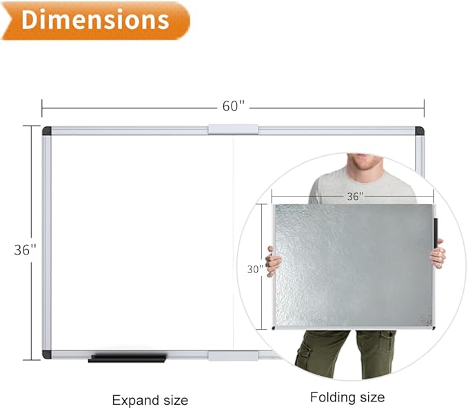 VIZ-PRO Magnetic Dry Erase Board, 60 X 36 Inches, Foldable Wall-Mounted Whiteboard with Silver Aluminum Frame & Marker Tray for School Office and Home 5' X 3'