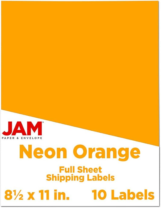 JAM PAPER Full Sheet Shipping Labels - Printable Sticker Paper - 8 1/2 x 11 - Neon Orange - 10 Full Pages/Pack
