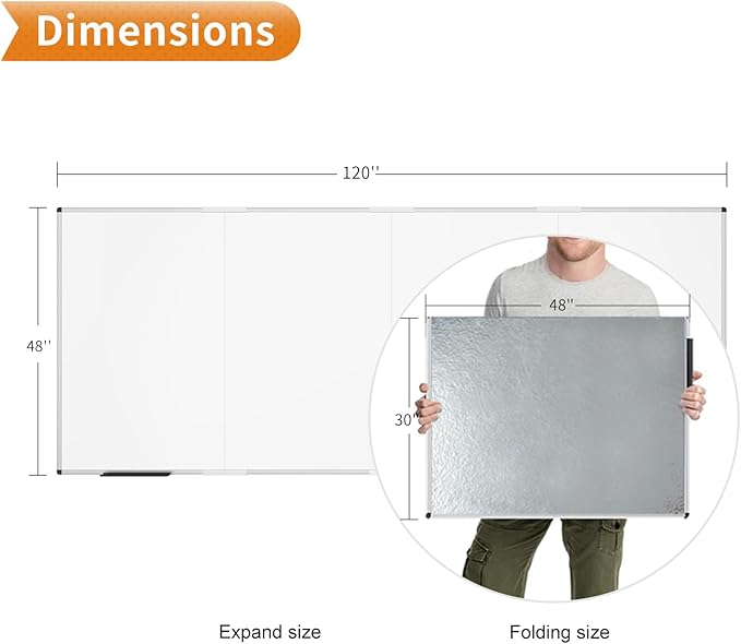 VIZ-PRO Magnetic Dry Erase Board, 120 X 48 Inches, Foldable Wall-Mounted Whiteboard with Silver Aluminum Frame & Marker Tray for School Office and Home 10' X 4'