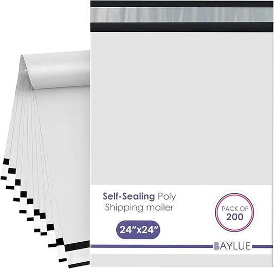 White Extra Large Poly Mailers 24x24 Inch | Strong Adhesive Self-Seal Mailer Bag | Tear Tamper Water Resistant Shipping Envelopes, Thick Strong polymailer Bags XL Clothing Shipping Bags | 200 Pcs Bulk
