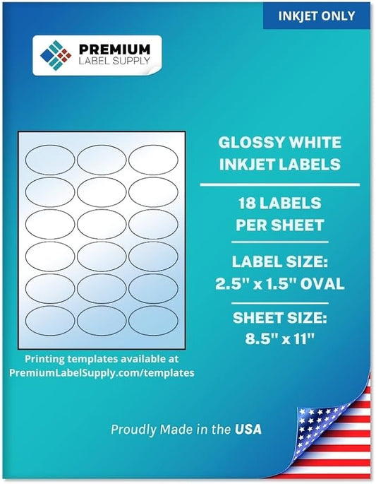 Premium Label Supply Glossy White Oval Sticker Labels – 2.5" x 1.5" Oval – (18 per Sheet) (Glossy White for Inkjet Only, 1,800 Labels)