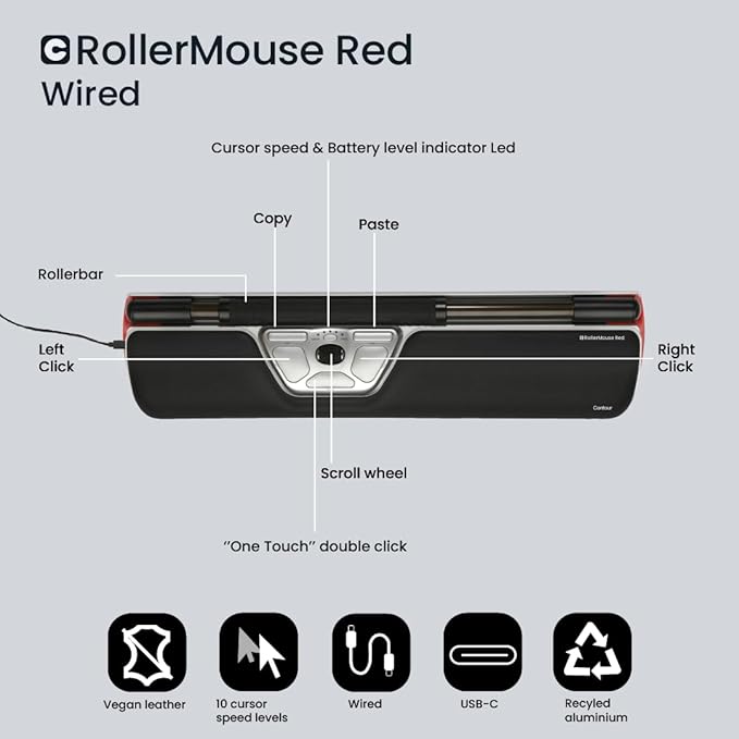 Contour RollerMouse Red Ergonomic Mouse for Shoulder Forearm Wrist Strain Relief for RSI Carpal Tunnel Centered Rollerbar 6 Customizable Buttons 10 Speed Settings Mac/PC Compatible - Wired - Regular